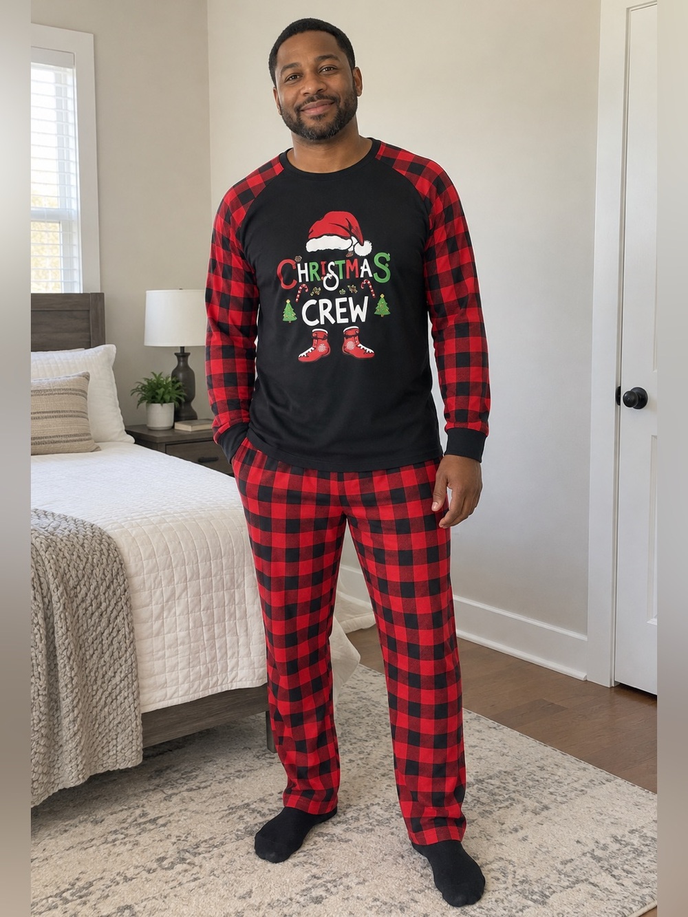 Men’s Christmas Pajamas Letter Christmas Hat Print Long Sleeve Tops Plaid Pants
